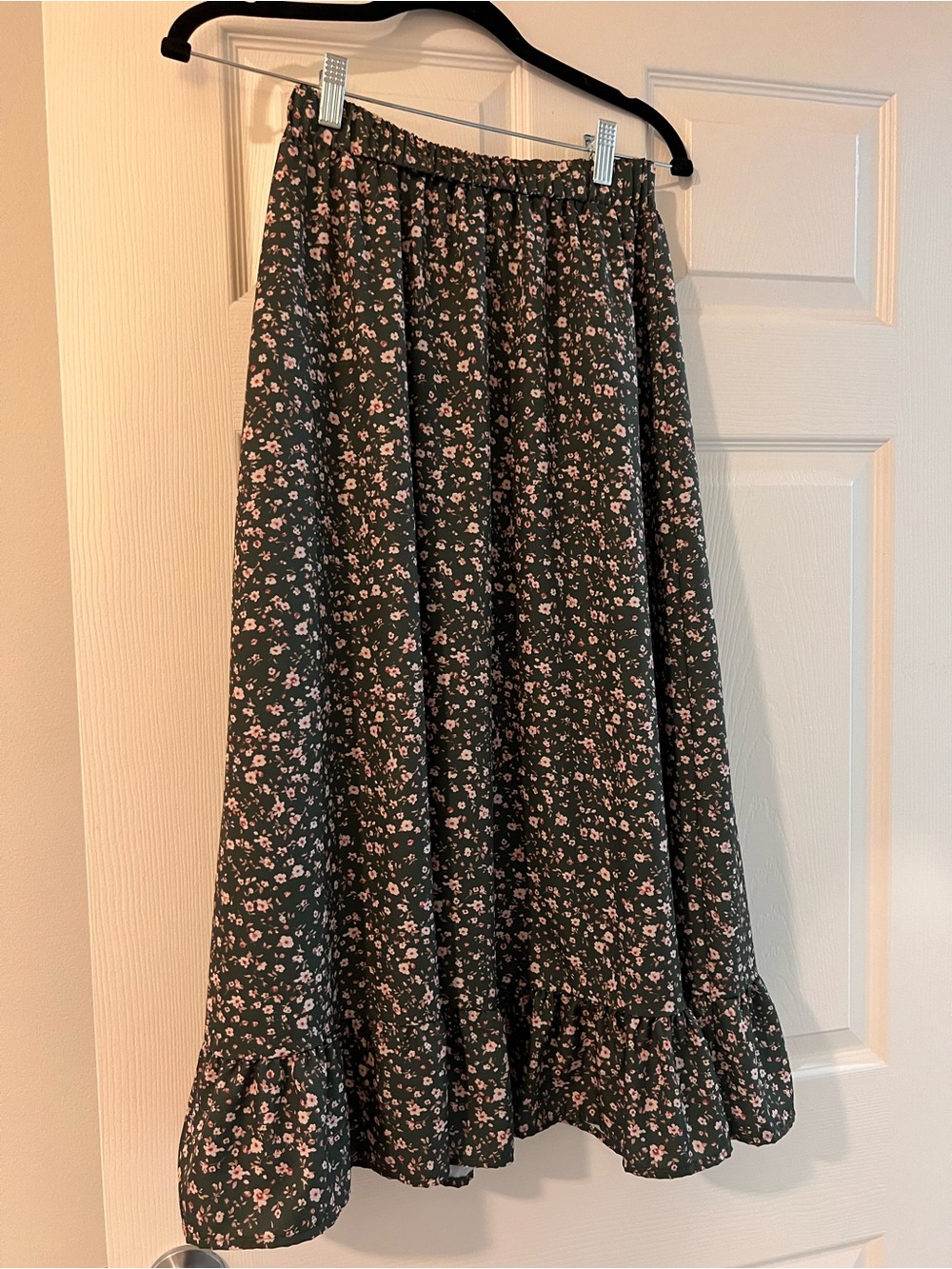 Women's Floral Ruffled Hem Maxi Skirt - Green with Pink Flowers
